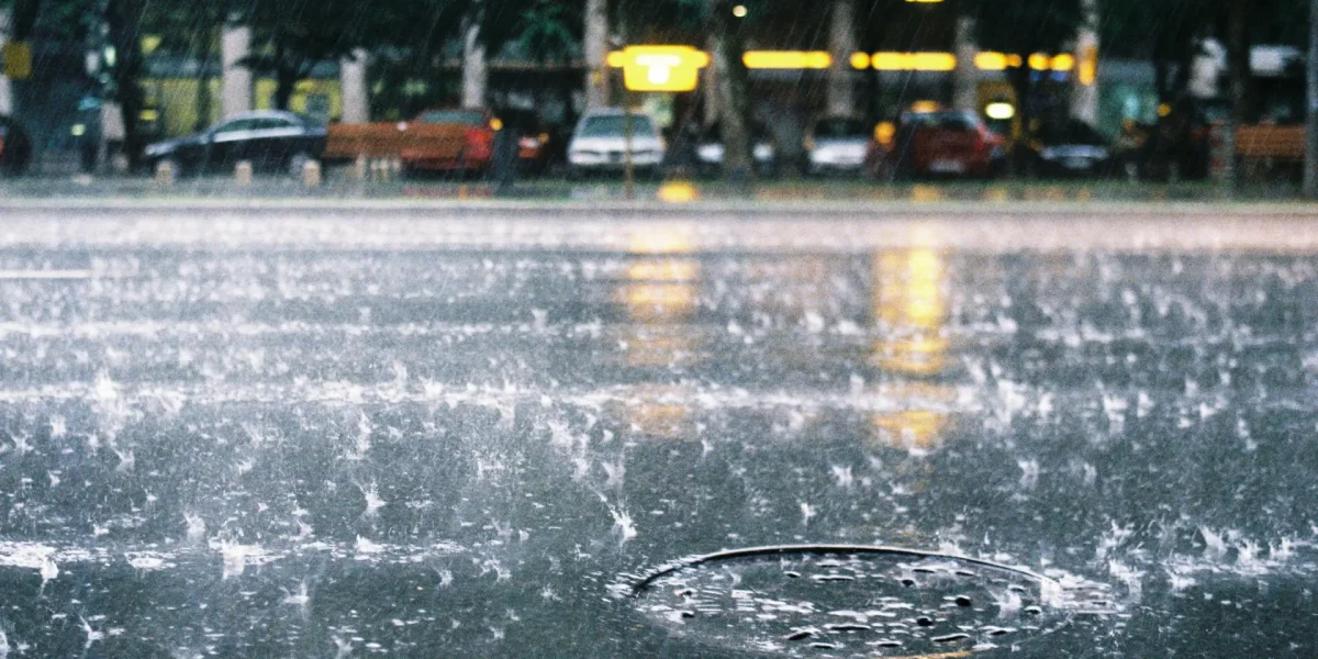 Une forte pluie éclabousse une rue de la ville, créant des ondulations autour d'une bouche d'égout. Des voitures et des arbres flous sont visibles à l'arrière-plan, et des lumières jaunes brillent à travers la pluie.