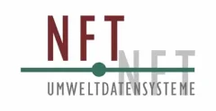 Logo avec de grandes lettres NFT en rouge foncé, une ligne horizontale verte avec un cercle sous le F, NFT en gris délavé en arrière-plan, et UMWELTDATENSYSTEME en texte plus petit en dessous.