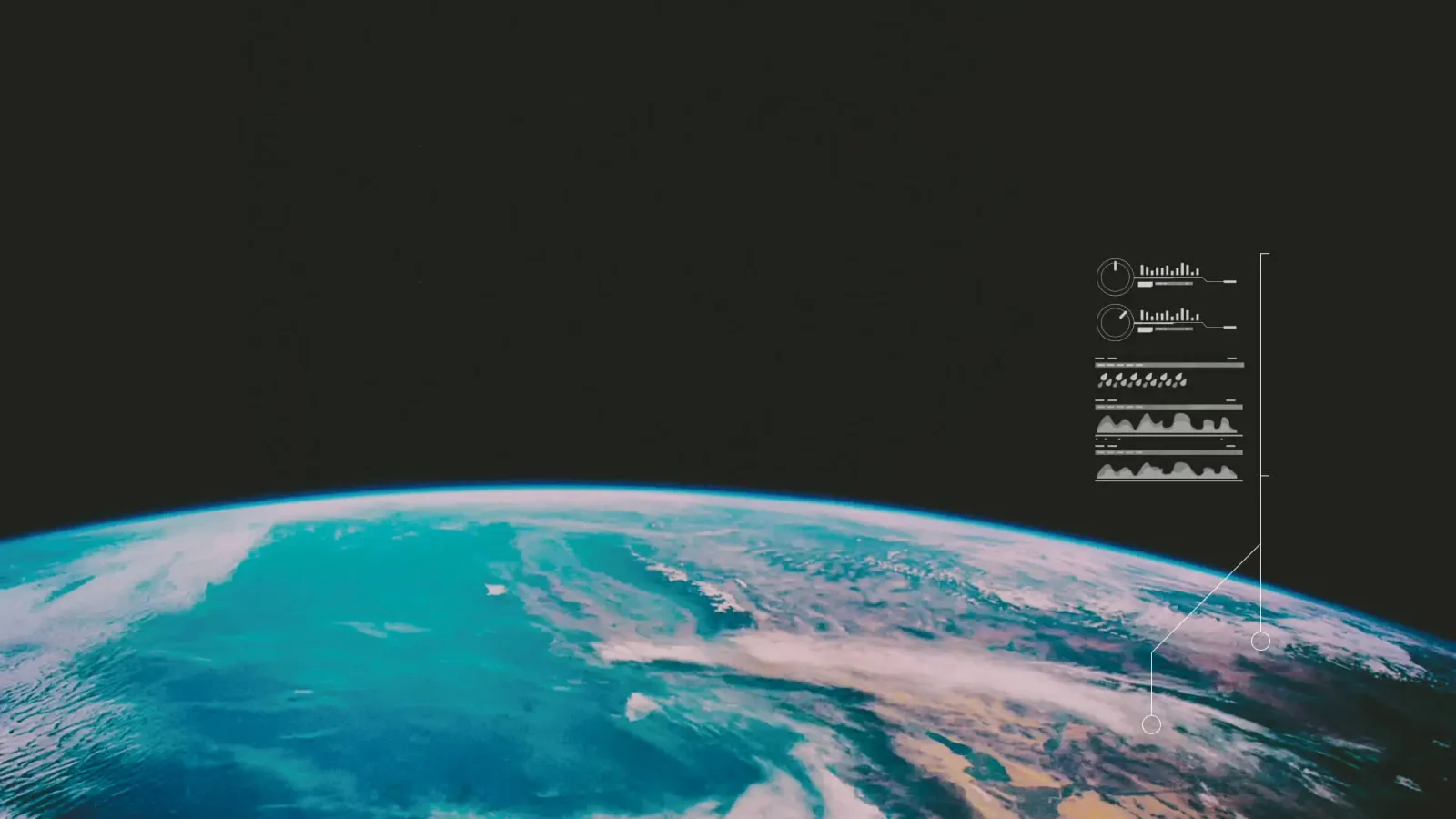 Vue de la Terre depuis l'espace avec des océans bleus tourbillonnants et des nuages blancs. La partie supérieure montre le noir de l'espace. À droite, de faibles graphiques d'interface numérique affichent des icônes et des données circulaires et ondulatoires, suggérant une analyse ou une surveillance.