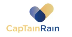 Logo pour CapTainRain avec le nom en texte jaune et bleu sous une forme abstraite de cœur formée par deux capsules arrondies qui se chevauchent dans des tons dégradés de bleu et de jaune.