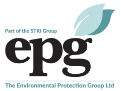Logo de The Environmental Protection Group Ltd avec epg en grandes lettres noires, des feuilles sarcelles au-dessus du g, et le slogan Part of the STRI Group en sarcelle au-dessus. Le nom de la société est en sarcelle sous une fine ligne sarcelle.