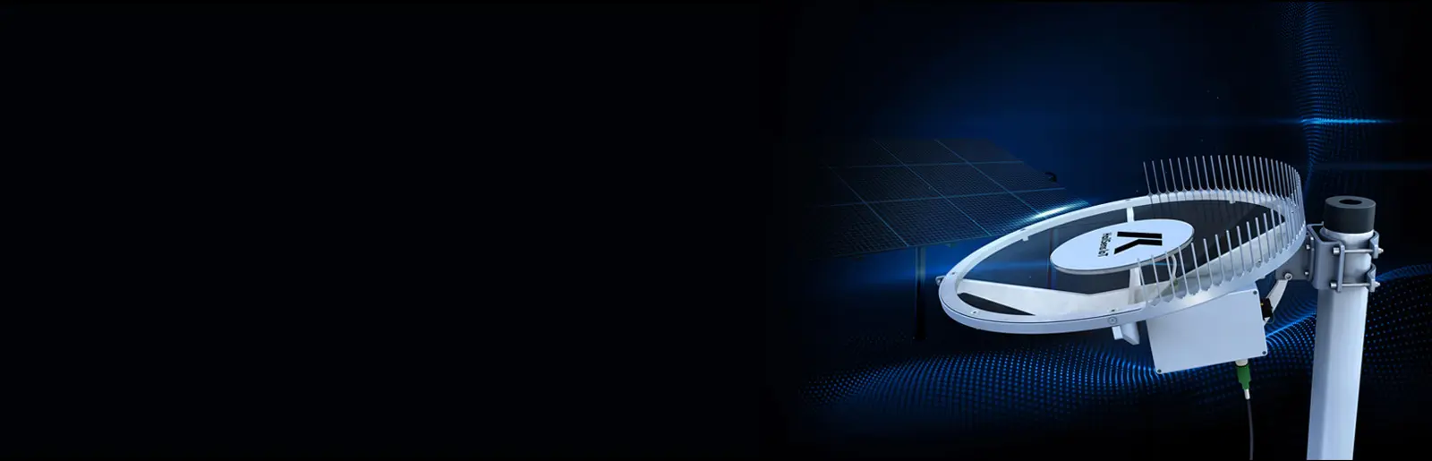Une antenne parabolique de haute technologie au design moderne et circulaire, dotée de plusieurs antennes, se détache sur un fond numérique bleu foncé avec des effets de grille et de lumière.