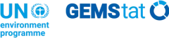 Logo en deux parties : à gauche, le programme des Nations unies pour l'environnement en texte bleu, et à droite, GEMStat en bleu et gris avec une icône géométrique circulaire à la fin.