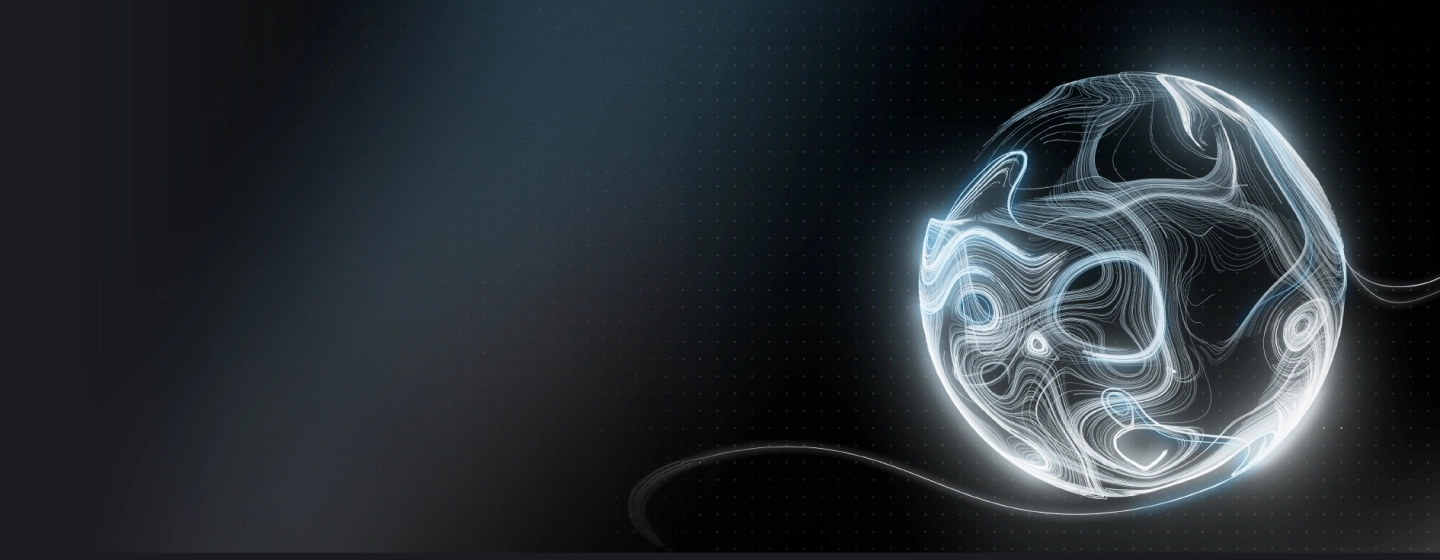Une forme sphérique abstraite et lumineuse aux lignes de contour blanches et ondulées flotte sur un fond dégradé sombre, émettant une faible lumière et une ligne courbe à la traîne.