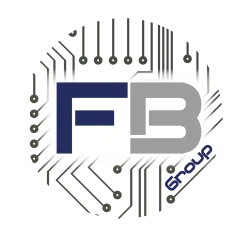 Logo avec les lettres F en bleu foncé et B en gris, sur un rectangle blanc. L'arrière-plan est constitué d'un cercle noir avec des motifs de circuit et le mot 