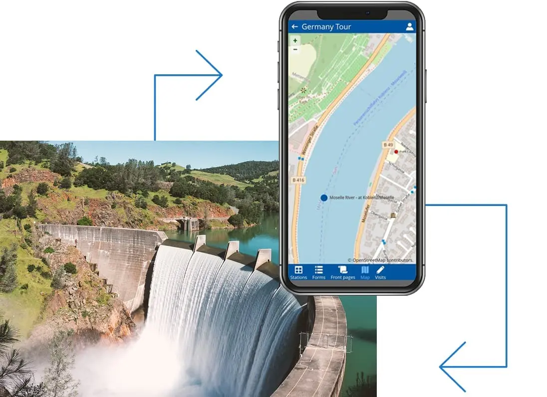 Un smartphone affichant une carte numérique est superposé à une photo d'un barrage sur lequel s'écoule de l'eau. Des flèches bleues relient les images, suggérant une navigation ou un itinéraire de voyage.