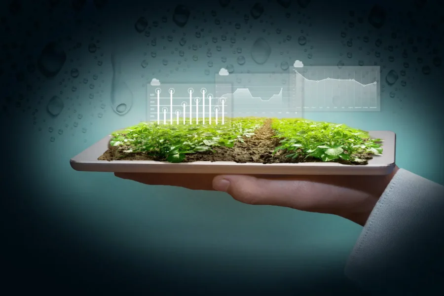 Une main tient une tablette numérique affichant une parcelle de terre sur laquelle poussent des plantes vertes. Des graphiques transparents et des tableaux de données flottent au-dessus des plantes, symbolisant l'agriculture intelligente et la technologie agricole.