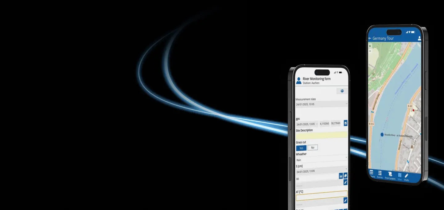 Deux smartphones affichent des écrans d'application différents : l'un montre un formulaire avec des champs de texte bleus, et l'autre une carte avec une rivière. Tous deux sont placés sur un fond noir avec une traînée lumineuse bleue incurvée.