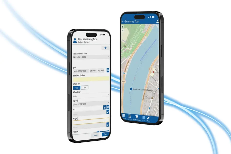 Deux smartphones affichent une application de surveillance des cours d'eau ; un écran montre un formulaire de saisie de données, l'autre une carte avec un itinéraire de cours d'eau. Des lignes ondulées bleues s'écoulent en arrière-plan.