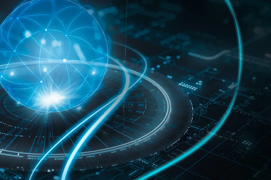 Une sphère numérique bleue incandescente émet des traînées lumineuses au-dessus d'un circuit imprimé futuriste, représentant une technologie avancée et un flux de données sur un fond sombre.