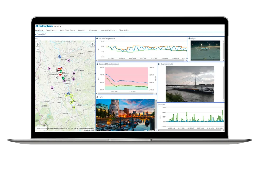 Un écran d'ordinateur portable affiche un tableau de bord avec diverses visualisations de données, y compris des cartes avec des marqueurs de localisation colorés, des graphiques linéaires, des diagrammes à barres et des images de paysages urbains et de scènes aquatiques.