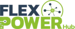 Logo avec les mots FLEX POWER en lettres bleues et vertes en gras, avec un symbole stylisé de bouton d'alimentation vert incorporé dans le design.