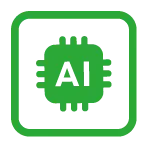 Icône verte d'une puce électronique avec les lettres AI au centre, entourée d'un carré vert.