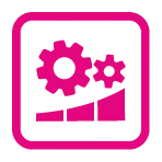 Icône rose représentant deux engrenages au-dessus d'un graphique à barres à l'intérieur d'un carré arrondi, symbolisant les paramètres, l'analyse ou l'optimisation des processus.