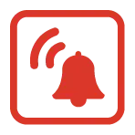 Une icône de cloche rouge avec des ondes sonores, entourée d'un carré rouge, symbolisant une alerte ou une notification.