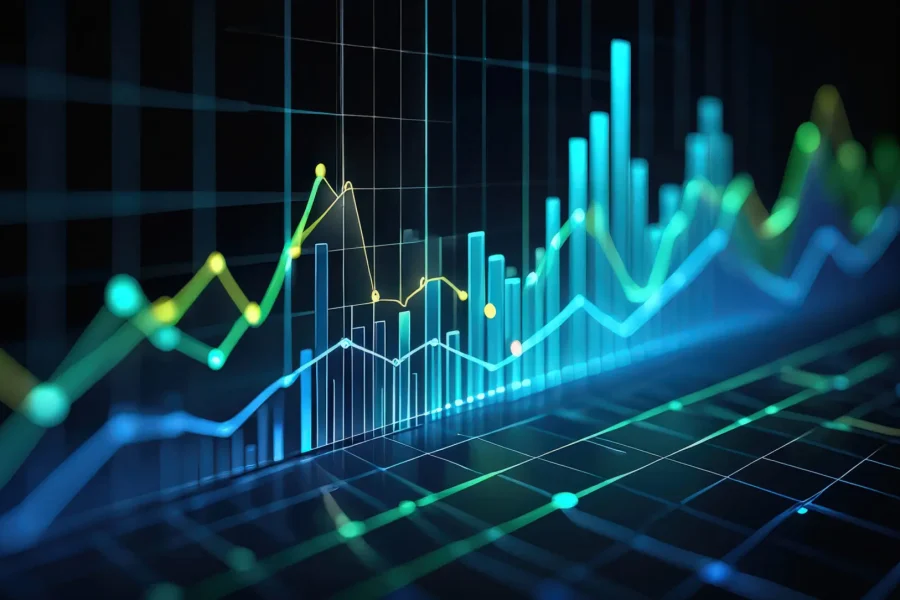 Illustration numérique de divers graphiques et diagrammes financiers colorés, y compris des diagrammes à barres et des graphiques linéaires, sur un fond de grille sombre, représentant l'analyse de données et les tendances économiques.