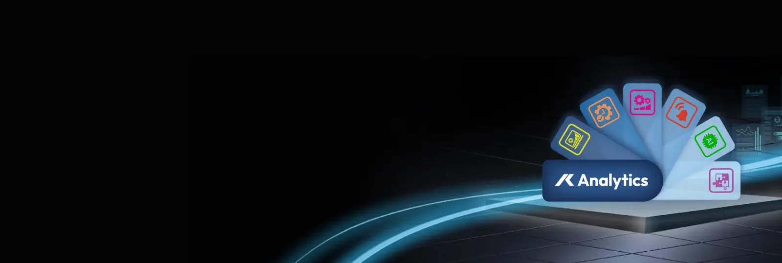 Un graphique numérique montre un arrière-plan sombre avec une plate-forme lumineuse intitulée Analytics, entourée de données colorées et d'icônes technologiques. Des traînées lumineuses bleues traversent l'image, suggérant le mouvement et l'innovation.