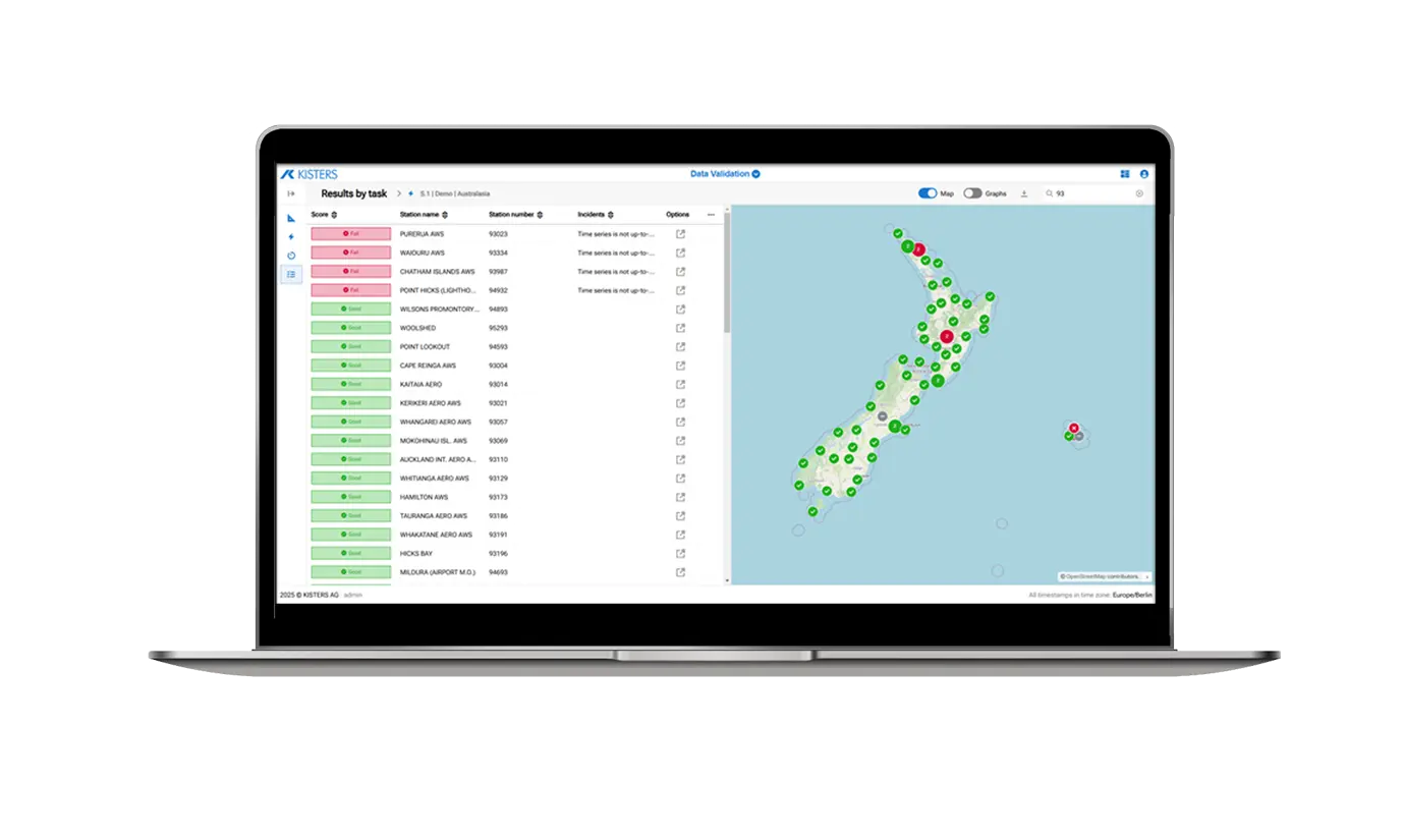 A laptop displays a data validation dashboard with a list of place names and statuses on the left and a map of New Zealand on the right.