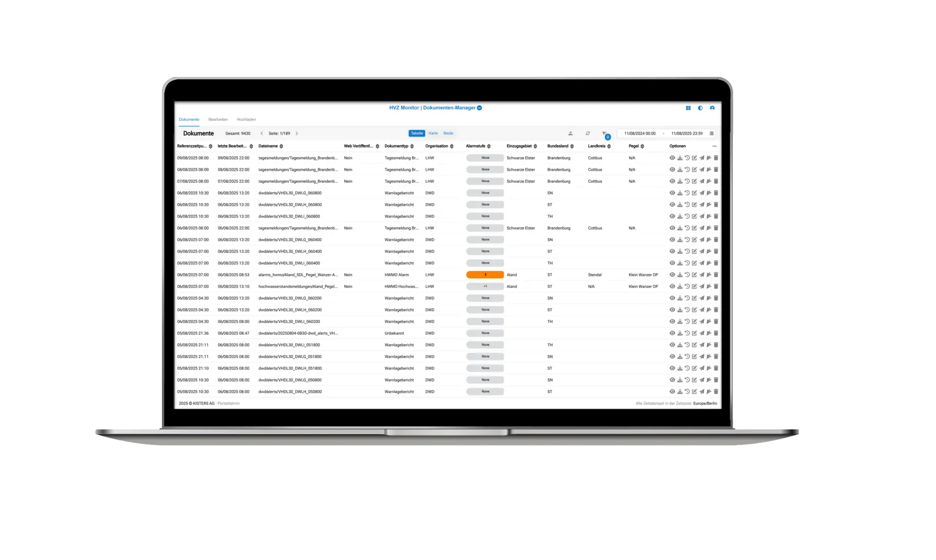 Un ordinateur portable affichant un tableau de bord de gestion des données avec une table de documents, montrant des colonnes pour les identifiants, les noms de fichiers, l'état et divers attributs, avec des boutons et des icônes pour les actions.