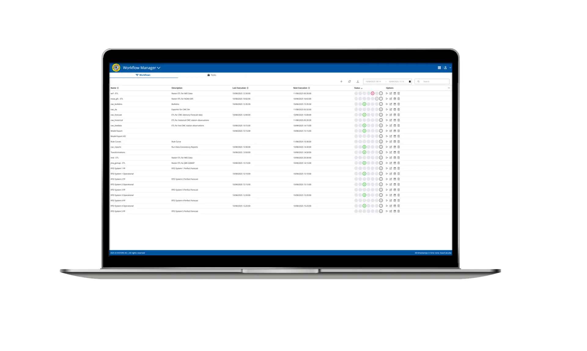 Un ordinateur portable affichant une interface de logiciel de gestion de flux de travail avec une liste de noms d'utilisateurs, de rôles, de statuts et diverses icônes d'actions ou de notifications sur un fond blanc uni.