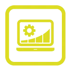 Icône jaune d'un ordinateur portable avec une roue dentée et une ligne graphique ascendante à l'écran, entourée d'un cadre carré jaune arrondi.