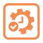 Icône orange représentant un engrenage avec une horloge à l'intérieur et une coche à gauche, le tout entouré d'un carré arrondi, représentant la gestion efficace ou approuvée d'un processus.