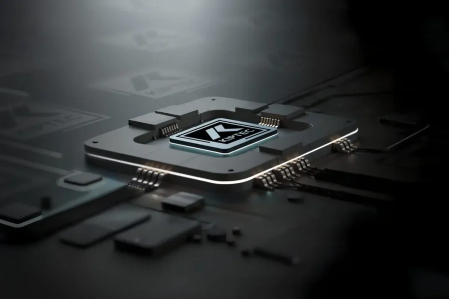 Gros plan sur une puce informatique moderne et élégante, éclairée par un projecteur, posée sur un circuit imprimé sombre entouré de divers composants électroniques.