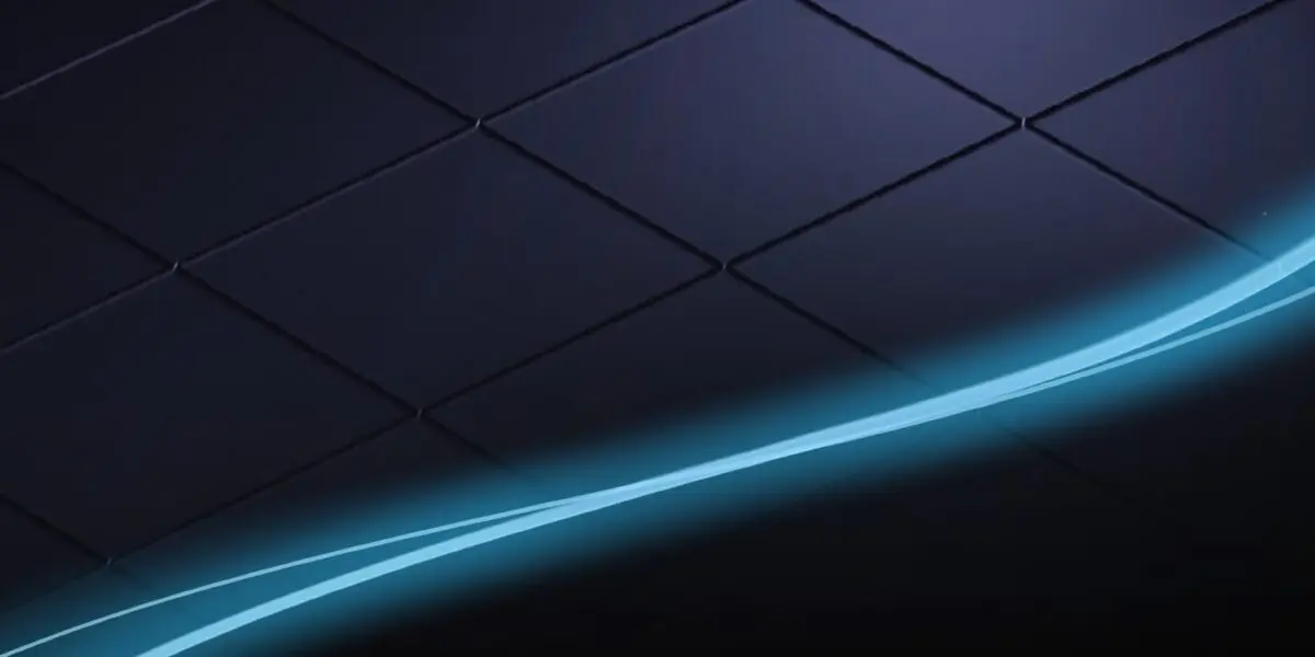 Fond sombre à motifs de diamants avec une traînée lumineuse bleue ondulée traversant en diagonale le coin inférieur droit. L'ambiance générale est élégante et futuriste.