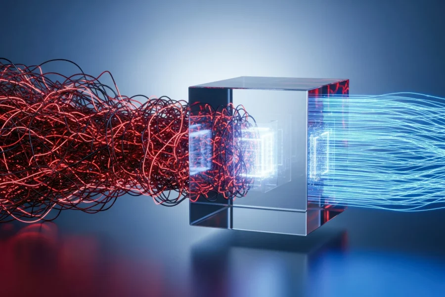 Un cube de verre transforme des fils rouges chaotiques à gauche en lignes bleues organisées à droite, symbolisant le processus de transformation du désordre en ordre dans un style numérique futuriste.
