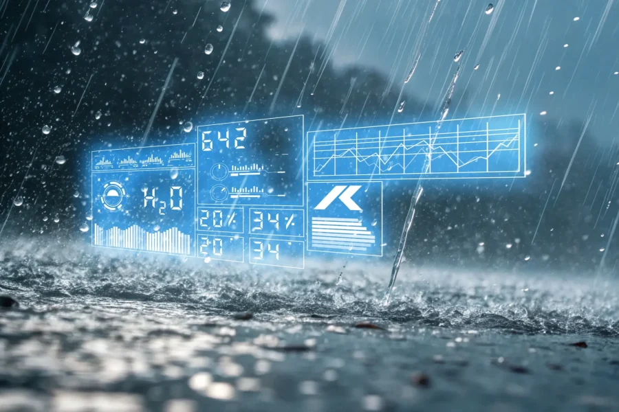 La pluie se déverse sur une surface mouillée avec des éclaboussures d'eau, tandis que des graphiques et des tableaux numériques bleus apparaissent de manière holographique au-dessus du sol, symbolisant la collecte et l'analyse de données météorologiques ou environnementales.