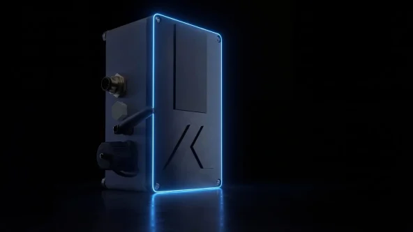 Un appareil électronique rectangulaire, gris, avec des ports et des connecteurs sur le côté, entouré d'une lumière bleue incandescente, est représenté sur un fond sombre.